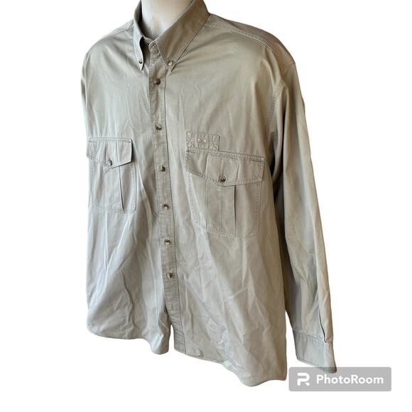 Austrian Elch Button Down Cotton Long Sleeve Tan Shirt Mens Outdoor Roll Tab - Picture 3 of 6